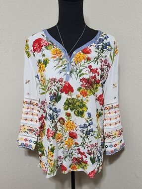 John Mark White Floral Button-Front Tunic with Red Yellow Green Blue Accents